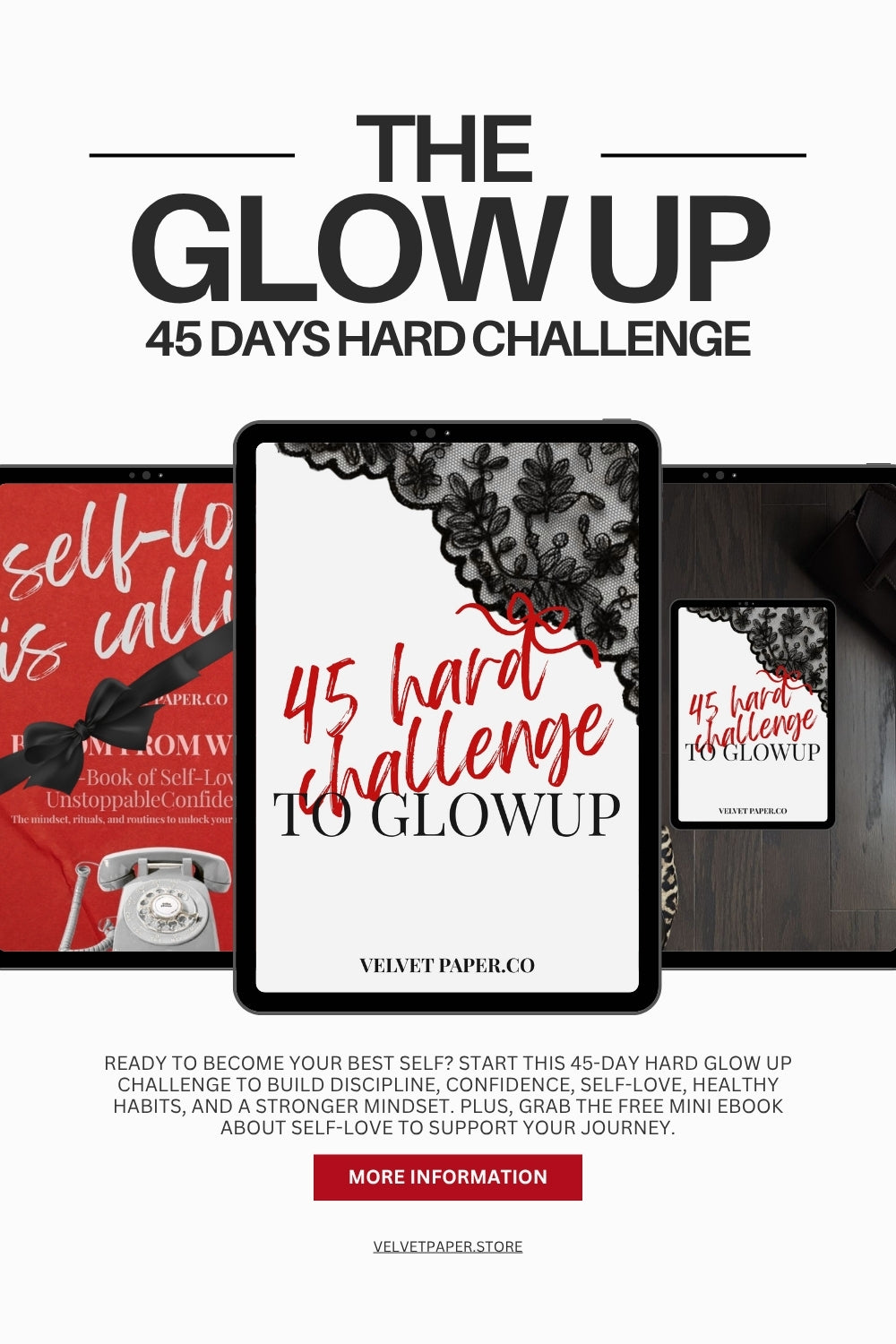 45 Hard Glow Up Planner + FREE Self Love eBook | Digital Wellness & Fitness Journal