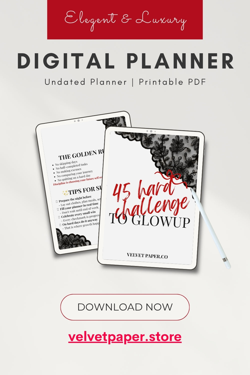 45 Hard Glow Up Planner + FREE Self Love eBook | Digital Wellness & Fitness Journal